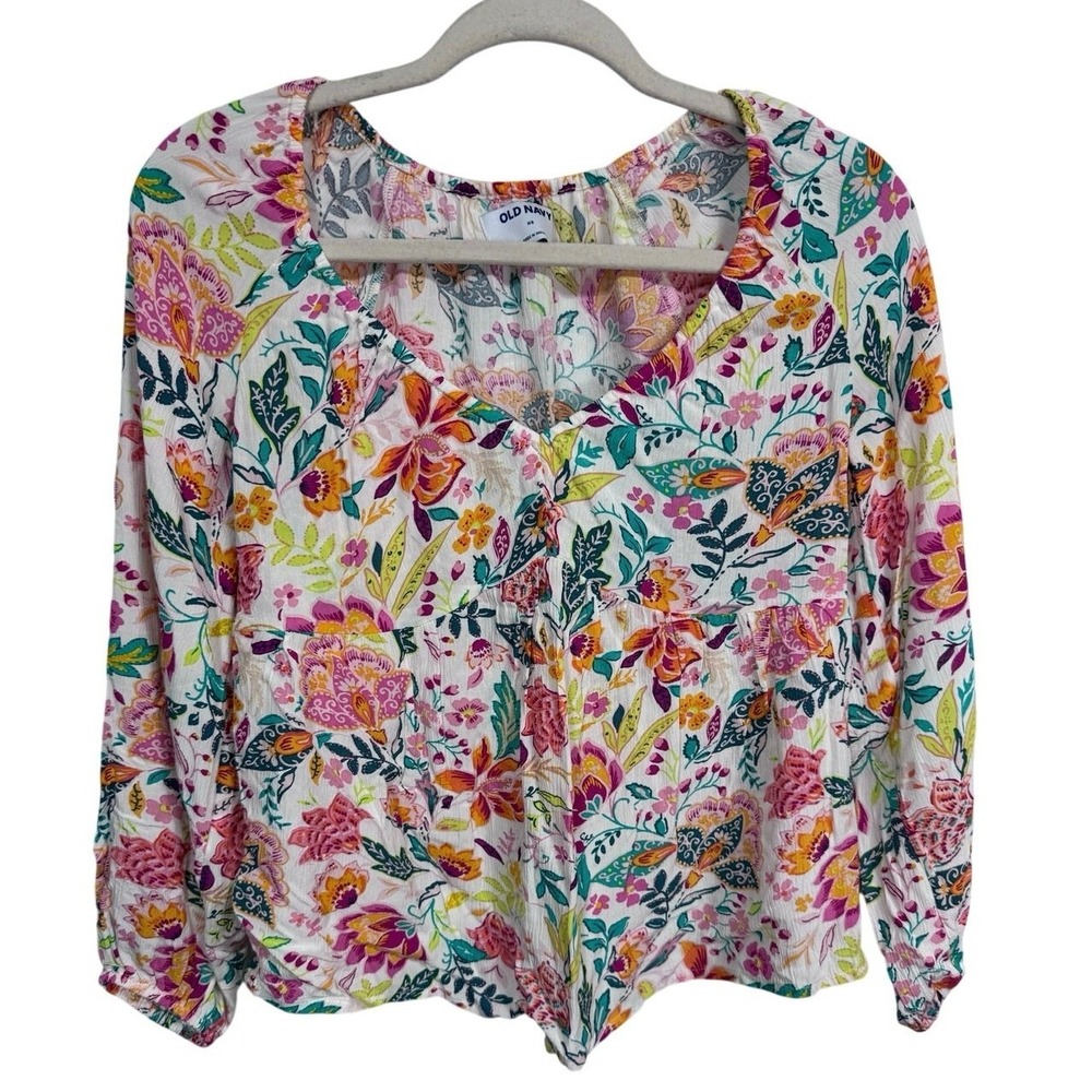 Old Navy Boho Floral Chic Summer Crinkle Button Blouse‎ Long Sleeve Top Size XS
